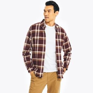 Nautica Burgundy Sustainably Crafted Plaid Flannel Button Down Shirt Scandi